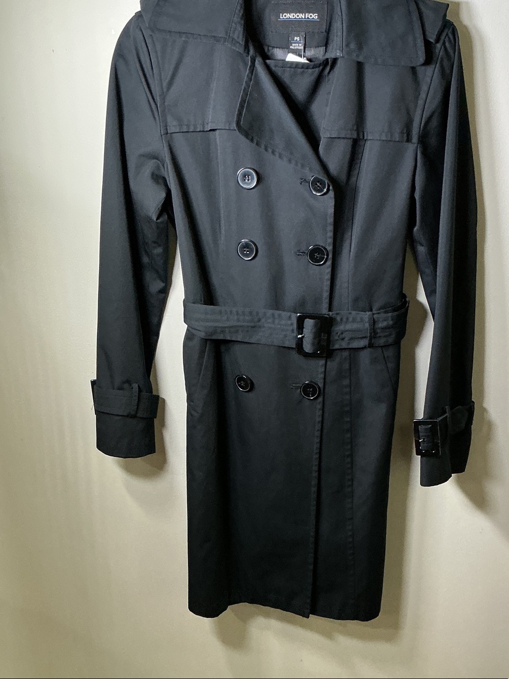 London Fog Black Double Breasted Belted Trench Coat Petite Small Rain Coat